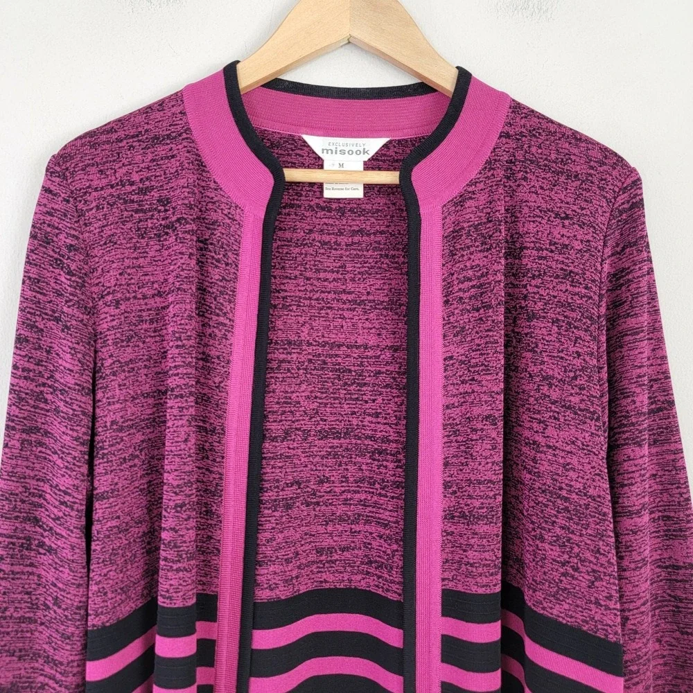Misook Magenta Black Knit Cardigan Long‎ Sleeve Open Front Striped